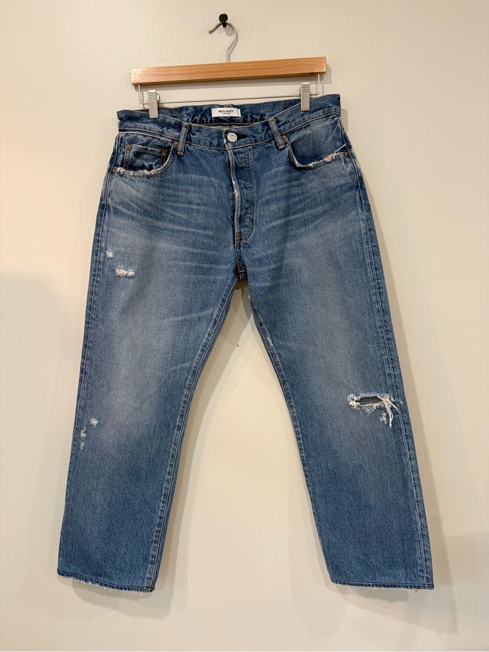 Moussy Vintage Loews Straight Distressed Jeans Blue 31 Made in Japan Cropped